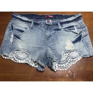 Vtg BONGO Shorts Womens 9 Blue Denim Distressed Lace Accent